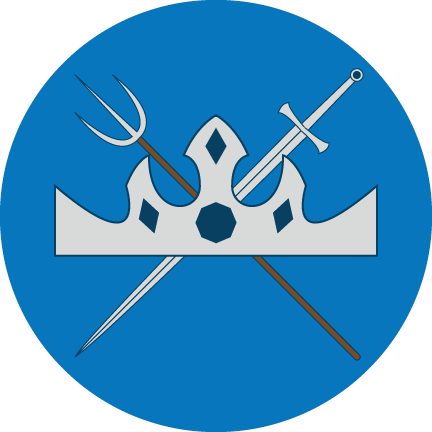 A sword and pitchfork crossed behind a silver crown, on a blue background.