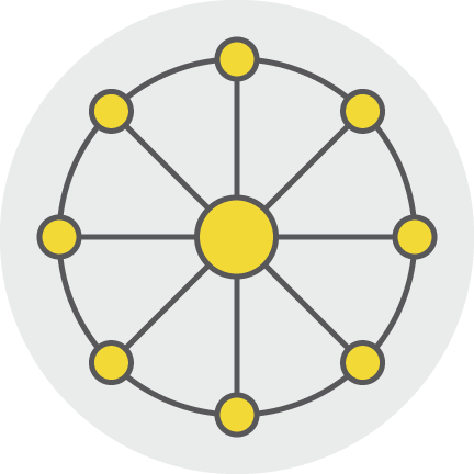 Eight small yellow circles around a larger yellow circle linked with lines, on a white background.